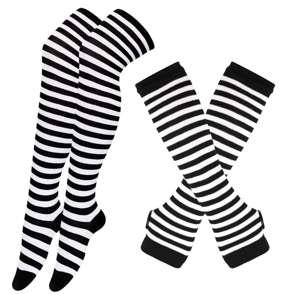 One Set Stripe Printed Thigh High Cotton Socks (GOTHIC)