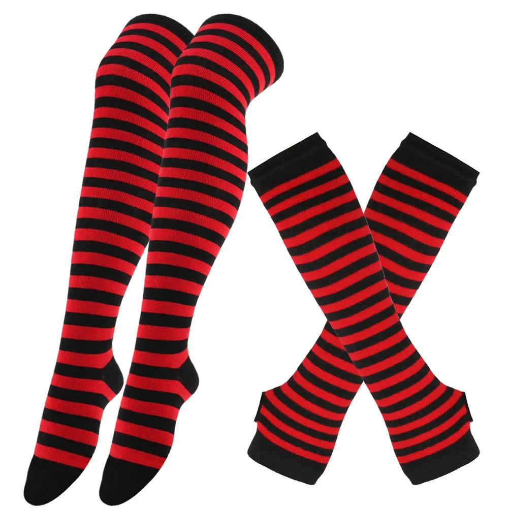 One Set Stripe Printed Thigh High Cotton Socks (GOTHIC)